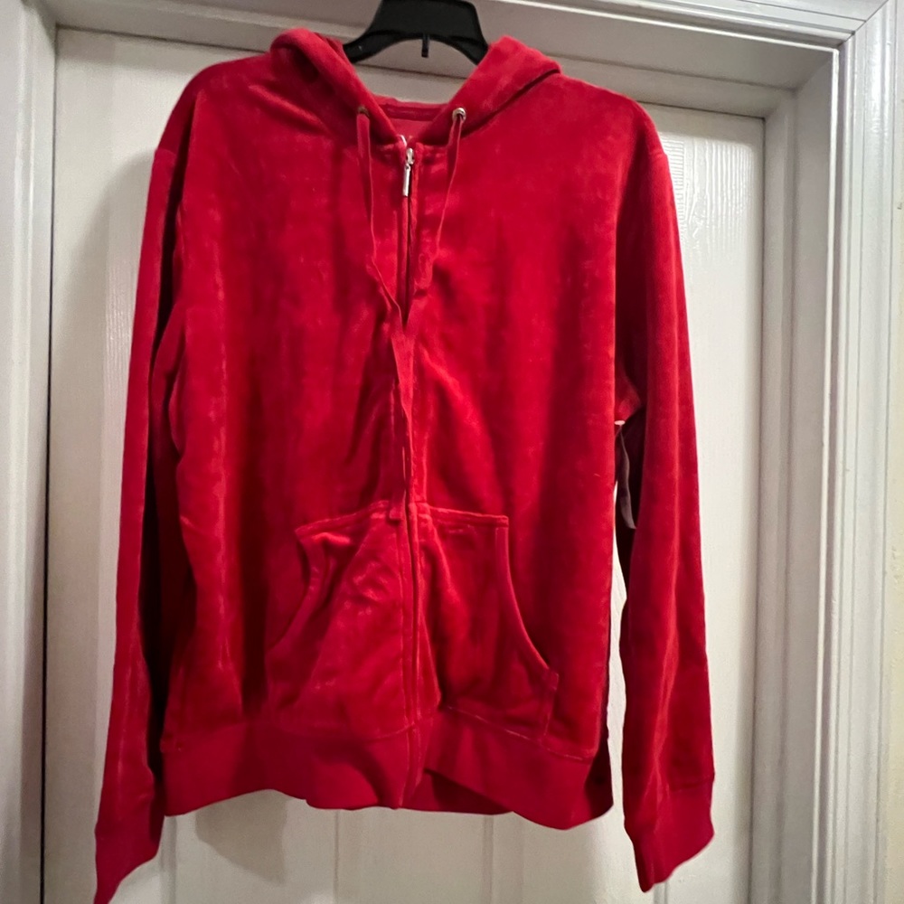 Red Velour hoodie zip jacket